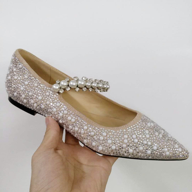 Pointed Shallow Mouth Rhinestones Pearl Flat High Heels Single Shoes Women