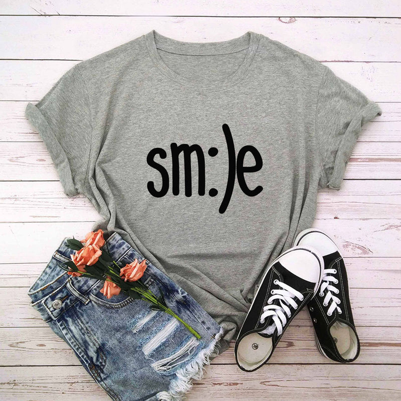 S-5XL Plus Size TShirt Women New Smile Letter Printed Shirt O Neck Short Sleeve Tees Summer Top 100%cotton Women's T-shirts