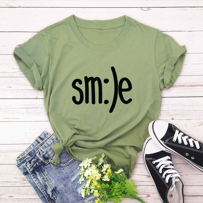 S-5XL Plus Size TShirt Women New Smile Letter Printed Shirt O Neck Short Sleeve Tees Summer Top 100%cotton Women's T-shirts