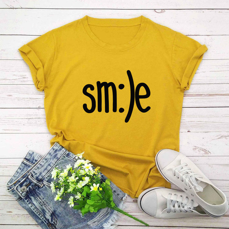 S-5XL Plus Size TShirt Women New Smile Letter Printed Shirt O Neck Short Sleeve Tees Summer Top 100%cotton Women's T-shirts