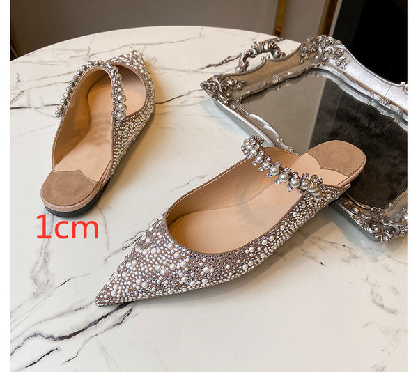 Pointed Shallow Mouth Rhinestones Pearl Flat High Heels Single Shoes Women