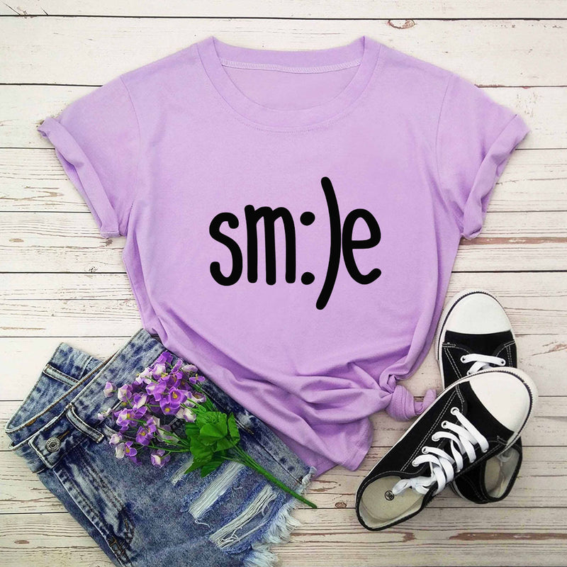 S-5XL Plus Size TShirt Women New Smile Letter Printed Shirt O Neck Short Sleeve Tees Summer Top 100%cotton Women's T-shirts