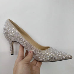 Pointed Shallow Mouth Rhinestones Pearl Flat High Heels Single Shoes Women